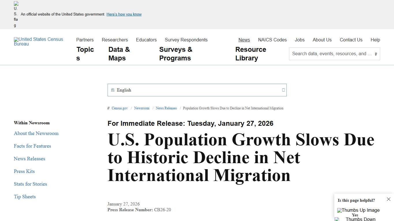 Population Growth Slows Due to Decline in Net International Migration